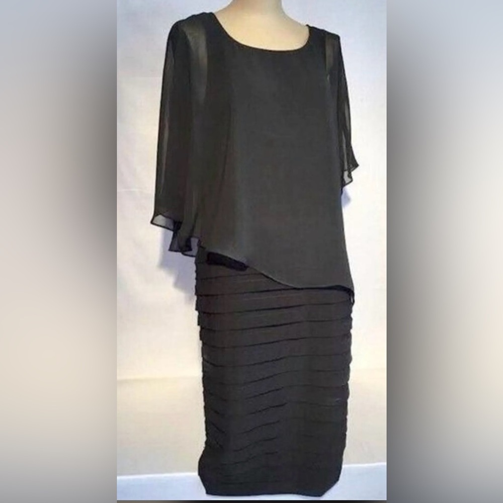 Adrianna Papell black cocktail dress. Chiffon overlay.